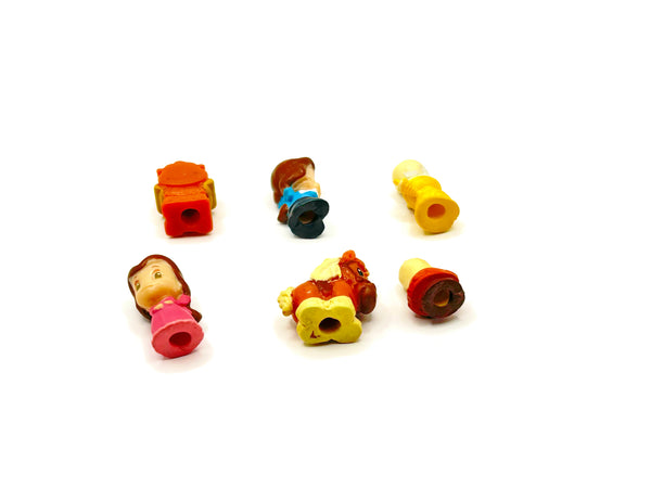 Vintage Disney Princess Squinkies Beauty and the Beast miniature figurine lot of 6. Includes mini squishy figures of Philippe the horse, Lumiere, Cogsworth, blue dress peasant Belle, pink winter dress Belle, and the Enchanted Rose under a cloche dome