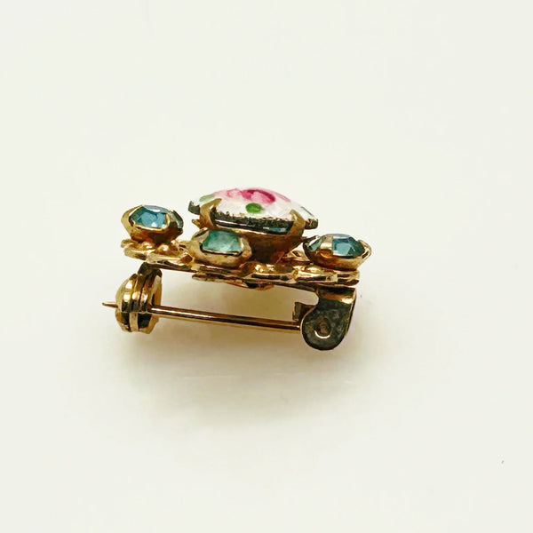 Tiny Round Scatter Pin With a Pink Rose and Blue Rhinestones