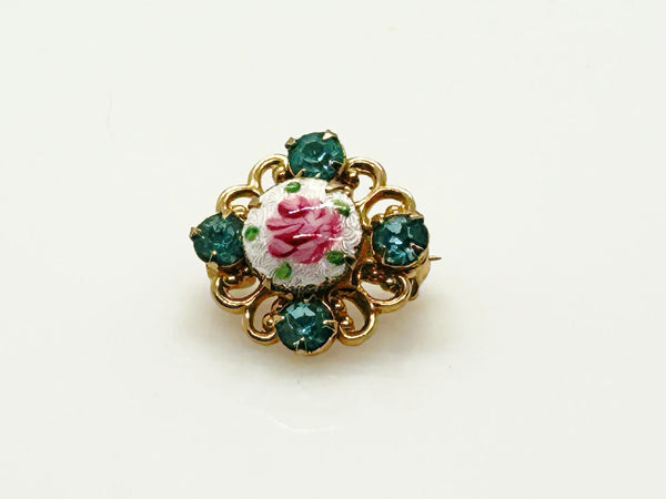Tiny Round Scatter Pin With a Pink Rose and Blue Rhinestones