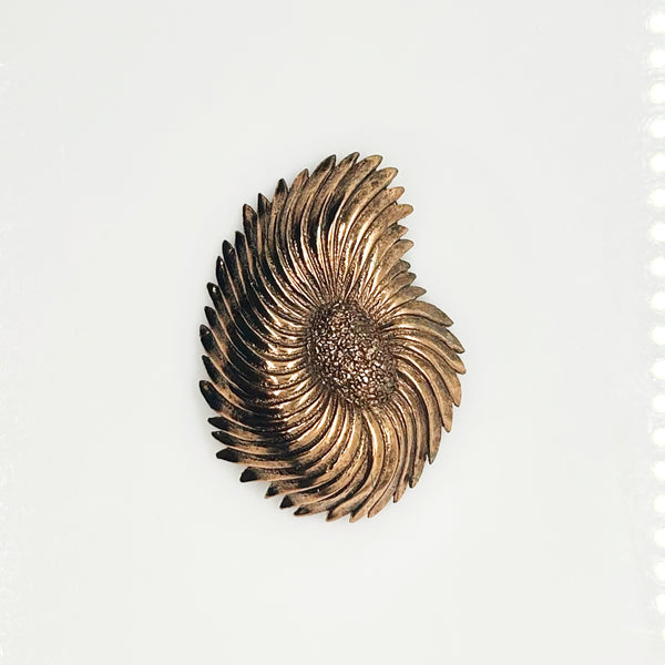 Vintage Tortolani copper-toned shell brooch featuring a textured, swirling modernist design reminiscent of a nautilus shell with a central cluster of dense, nugget-like details against a solid white background