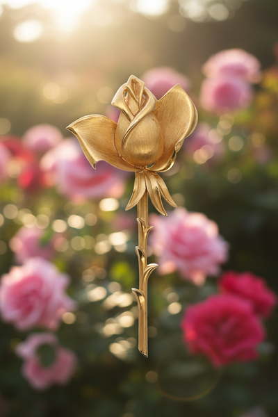 Vintage Crown Trifari gold-tone long-stem rose brooch featuring a detailed, textured matte rosebud on a thorny gold stem against a clean white background.