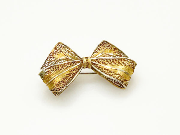 1940s Filigree Two Tone Bow Pin