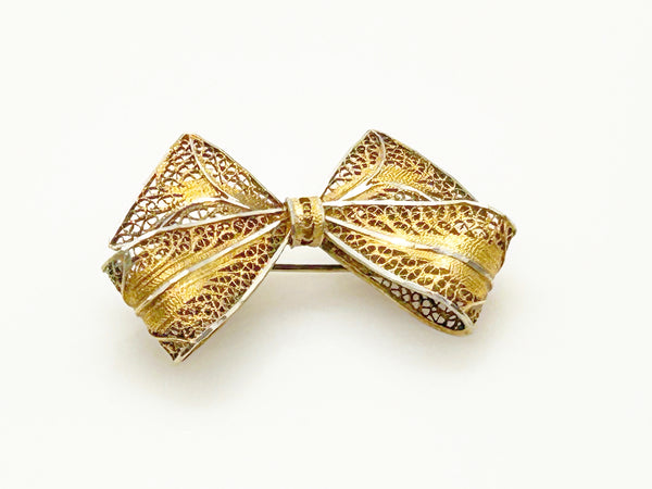 1940s Filigree Two Tone Bow Pin