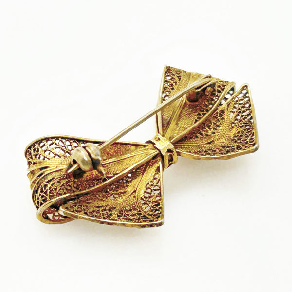 1940s Filigree Two Tone Bow Pin