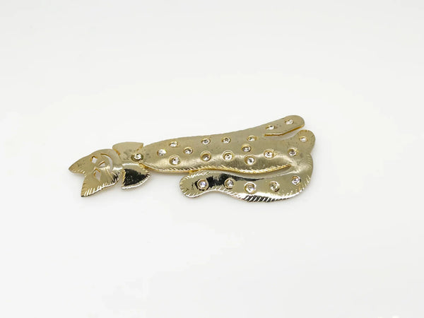 Get ready to add some playful pizzazz to your outfit with this tall kitty cat brooch! Measuring 4 1/2" tall, this gold tone cutie is signed Ultra Craft and studded with bright white rhinestones.