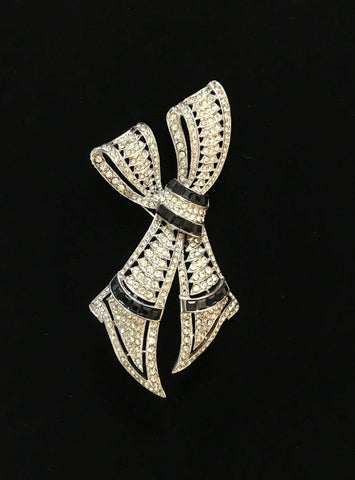 Very Large Deco Style Black and White Stone Bow Brooch - Lamoree’s Vintage