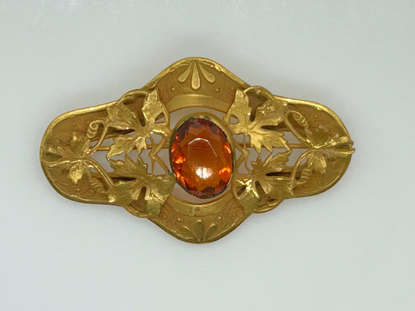 Victorian Style Brooch Pin With Large Oval Stone and Leaf Detail