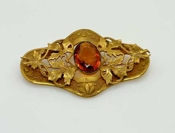 Victorian Style Brooch Pin With Large Oval Stone and Leaf Detail