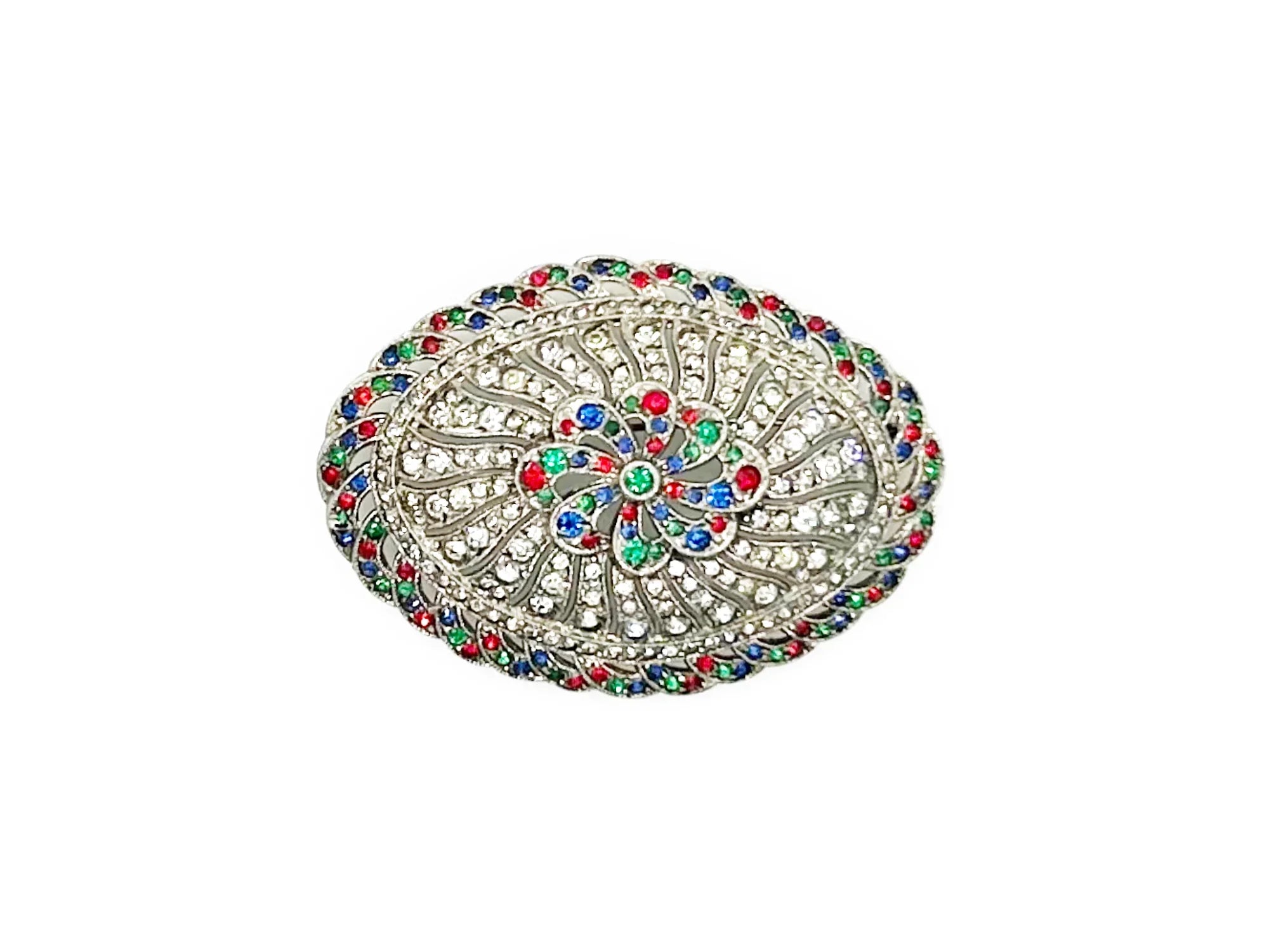 Vintage Edwardian Style Oval Brooch with Glittering Colored Stones