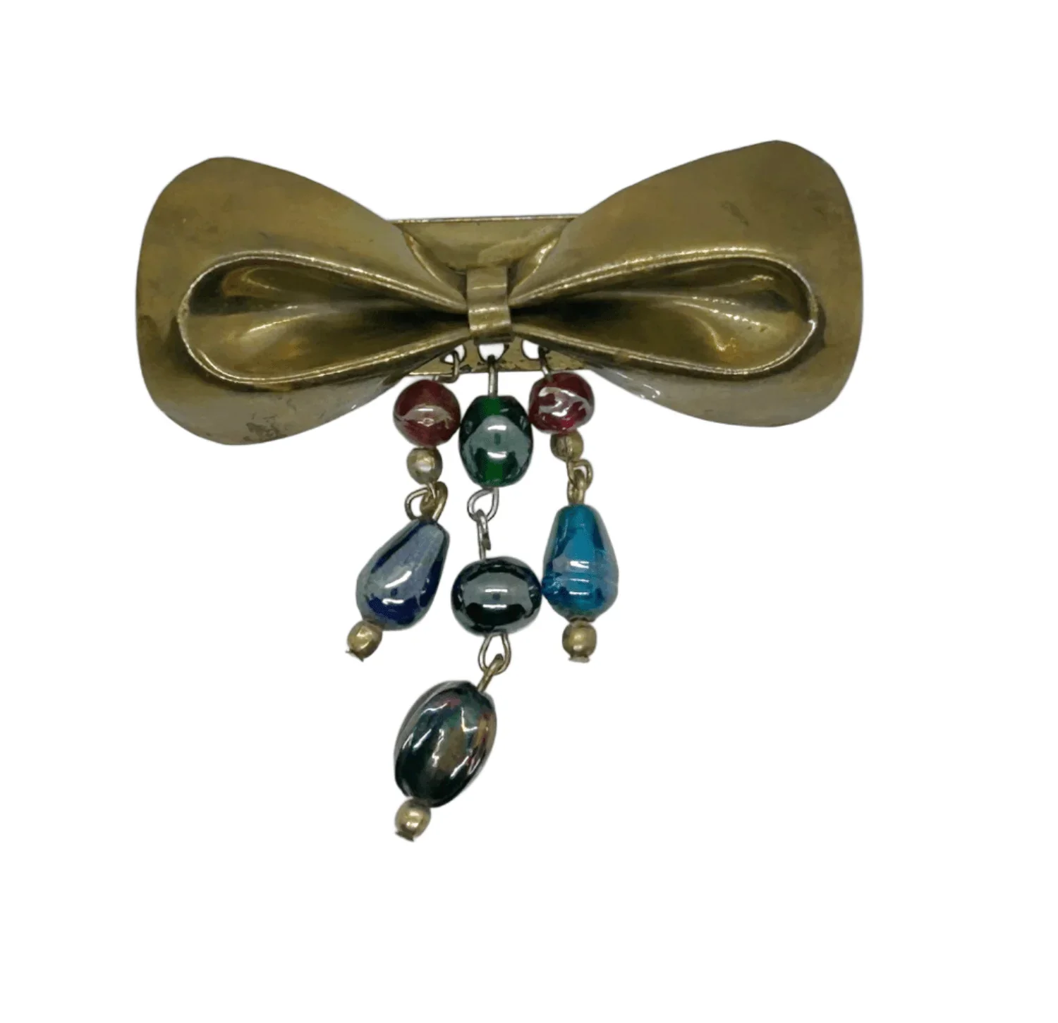 Vintage 1930s Brass Bow with Colored Glass Dangles - Lamoree’s Vintage