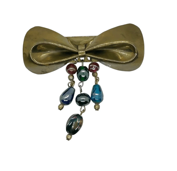 Vintage 1930s Brass Bow with Colored Glass Dangles - Lamoree’s Vintage