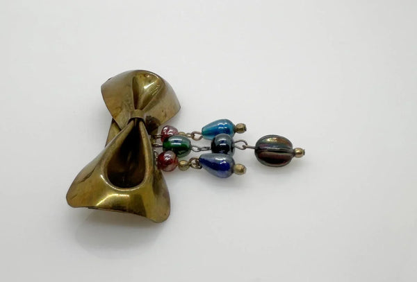 Vintage 1930s Brass Bow with Colored Glass Dangles - Lamoree’s Vintage