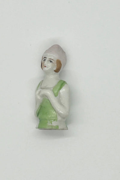 Vintage 1930s Japan Porcelain Sewing Pincushion Flapper Doll in Green - Lamoree’s Vintage