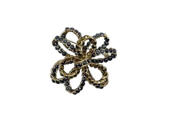 Vintage 3-D Dark Blue and Gold Stones Ribbon Bow Brooch