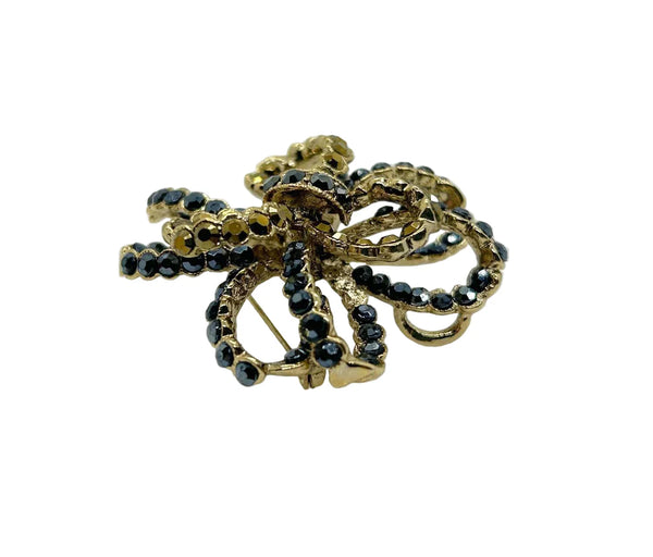 Vintage 3-D Dark Blue and Gold Stones Ribbon Bow Brooch