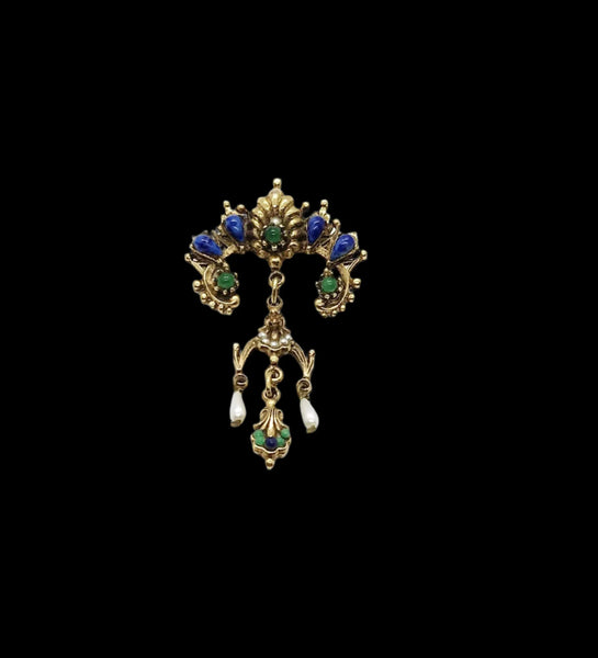 Vintage ART Brooch with Blue and Green Accents