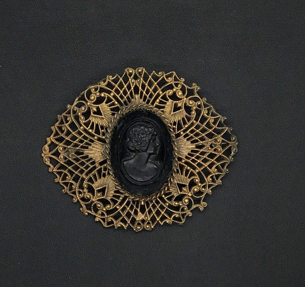 Vintage Black Cameo on Marquise Shaped Intricate Setting - Lamoree’s Vintage