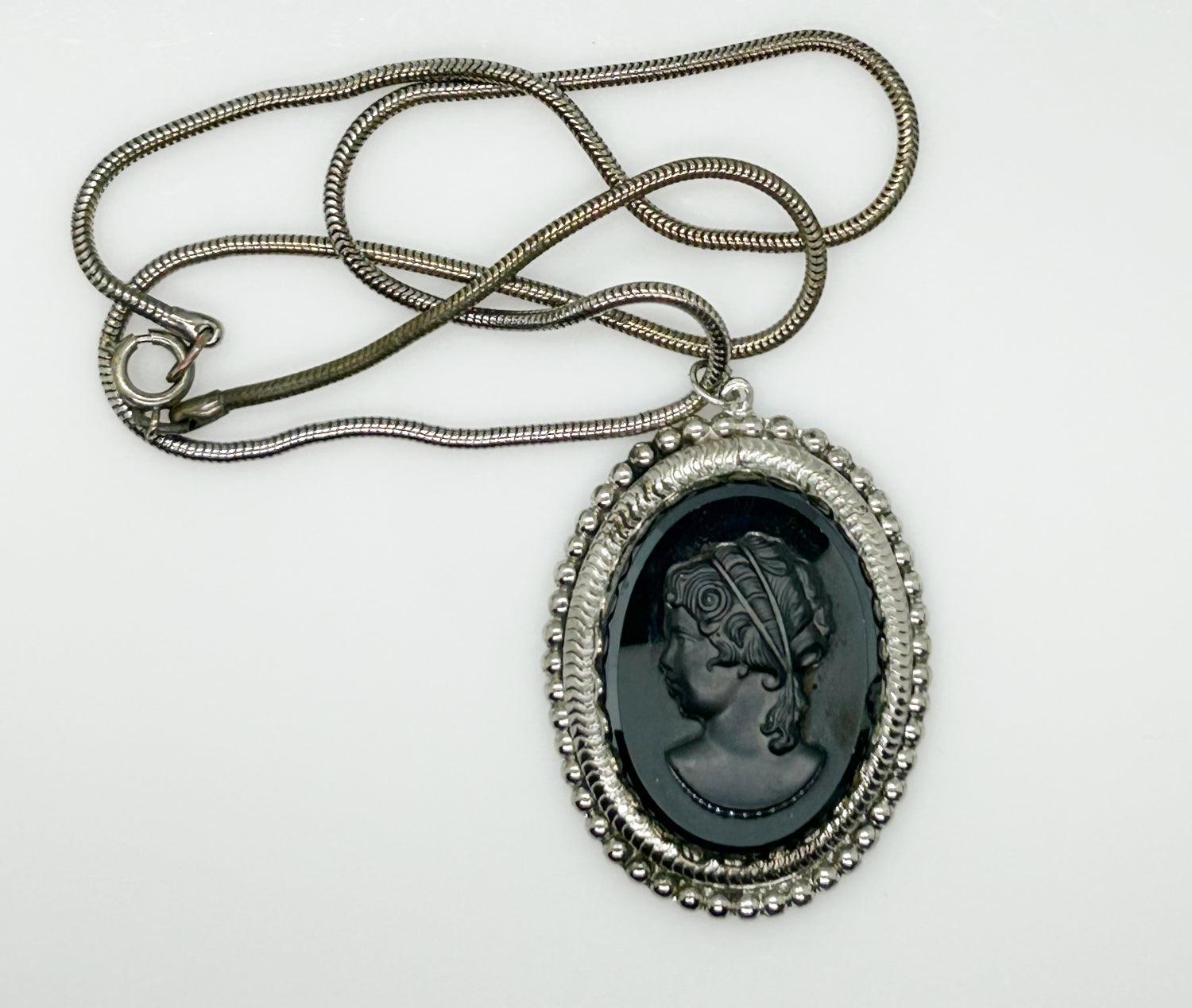 Vintage Black Carved Cameo Pendant and Chain Necklace - Lamoree’s Vintage