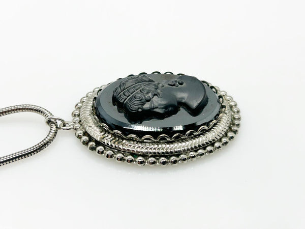 Vintage Black Carved Cameo Pendant and Chain Necklace - Lamoree’s Vintage