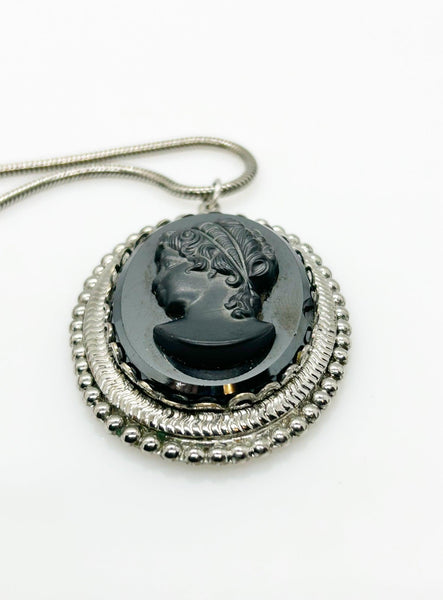 Vintage Black Carved Cameo Pendant and Chain Necklace - Lamoree’s Vintage