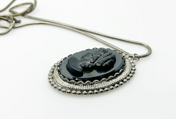 Vintage Black Carved Cameo Pendant and Chain Necklace - Lamoree’s Vintage