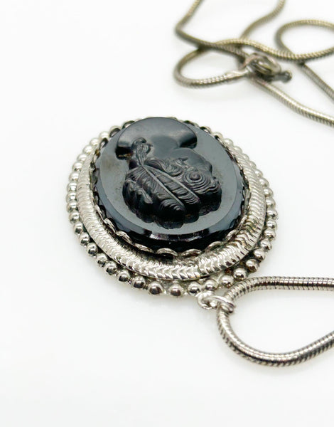 Vintage Black Carved Cameo Pendant and Chain Necklace - Lamoree’s Vintage