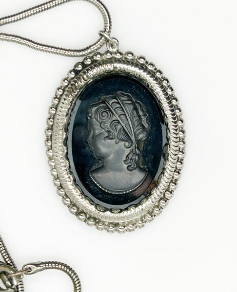 Vintage Black Carved Cameo Pendant and Chain Necklace - Lamoree’s Vintage