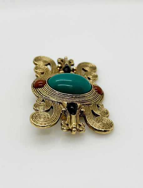 Vintage Etruscan Style Brooch with Green Oval Cabochon - Lamoree’s Vintage