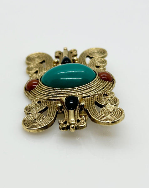 Vintage Etruscan Style Brooch with Green Oval Cabochon - Lamoree’s Vintage