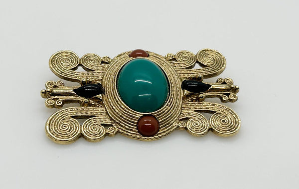 Vintage Etruscan Style Brooch with Green Oval Cabochon - Lamoree’s Vintage