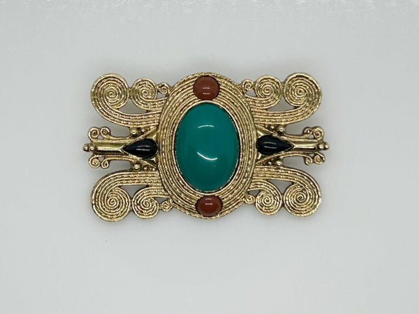 Vintage Etruscan Style Brooch with Green Oval Cabochon - Lamoree’s Vintage