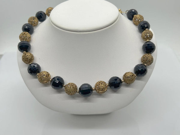 Vintage Filigree Necklace Choker with Black Beads and Filigree Beads - Lamoree’s Vintage