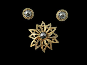 Vintage Flower Brooch and Earring Set with Luminous Black Glass Stones