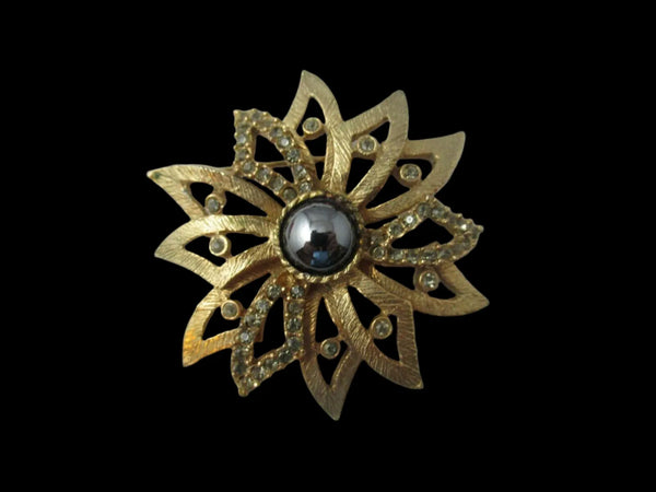 Vintage Flower Brooch and Earring Set with Luminous Black Glass Stones