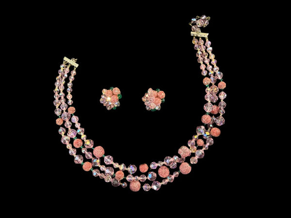 Vintage Glamour in Pink, Red and Green Glittering Necklace and Earrings Set