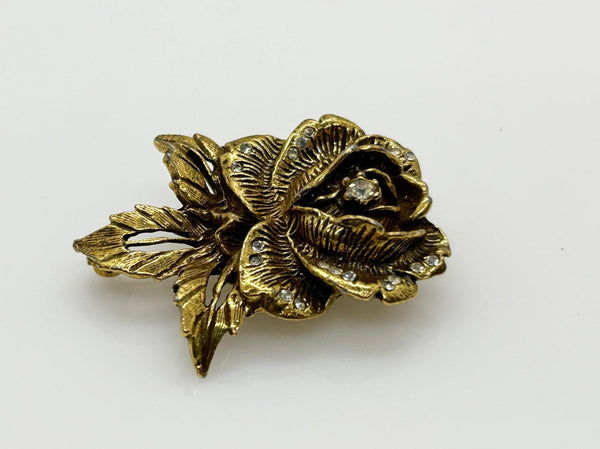 Vintage Goldette Rose Brooch with Rhinestones - Lamoree’s Vintage