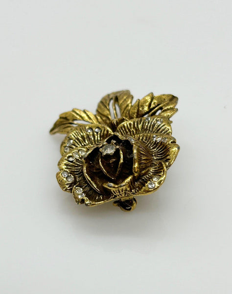 Vintage Goldette Rose Brooch with Rhinestones - Lamoree’s Vintage