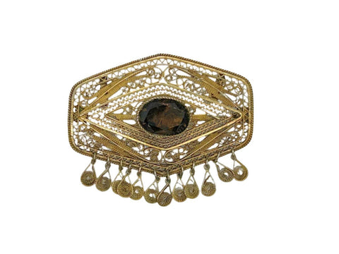 Vintage Middle Eastern Israel Filigree Pendant/ Brooch with Smoky Quartz - Lamoree’s Vintage