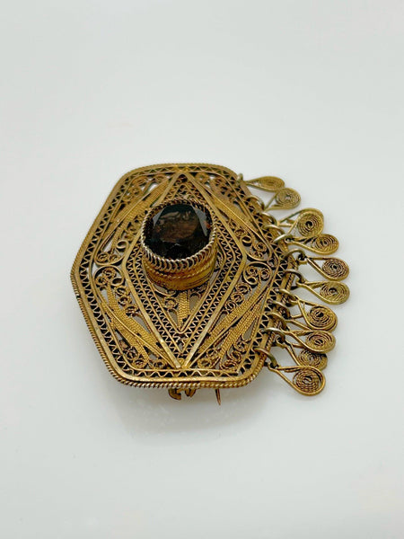 Vintage Middle Eastern Israel Filigree Pendant/ Brooch with Smoky Quartz - Lamoree’s Vintage