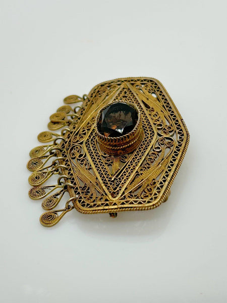 Vintage Middle Eastern Israel Filigree Pendant/ Brooch with Smoky Quartz - Lamoree’s Vintage