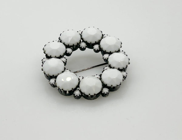 Vintage Milk Glass in Japanned Metal Circle Brooch - Lamoree’s Vintage