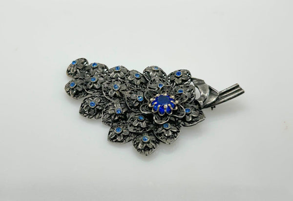 Vintage Pewter Tone Blue Rhinestone Floral Brooch - Lamoree’s Vintage