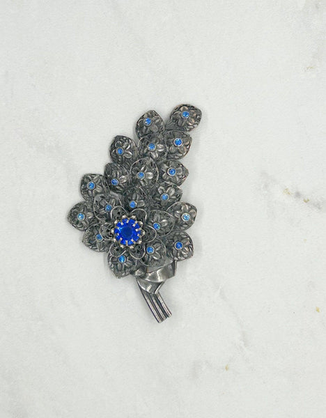 Vintage Pewter Tone Blue Rhinestone Floral Brooch - Lamoree’s Vintage