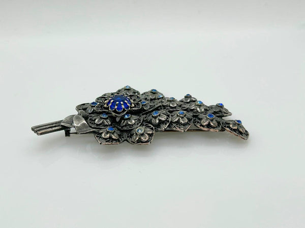 Vintage Pewter Tone Blue Rhinestone Floral Brooch - Lamoree’s Vintage