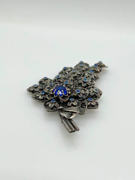 Vintage Pewter Tone Blue Rhinestone Floral Brooch - Lamoree’s Vintage