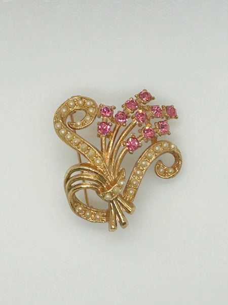Vintage Pink Rhinestone and Faux Pearl Floral Brooch - Lamoree’s Vintage