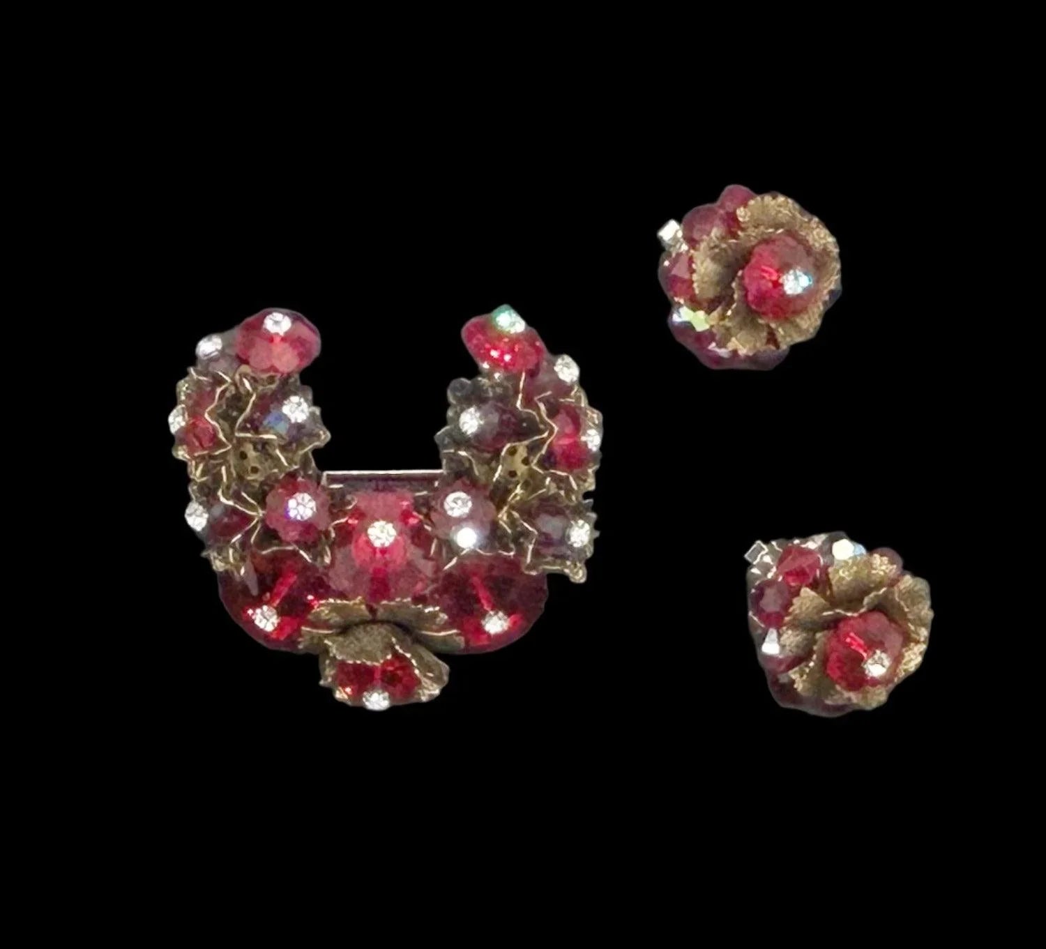 Vintage Red Faceted Red Stone Floral Brooch and Earring Set - Lamoree’s Vintage
