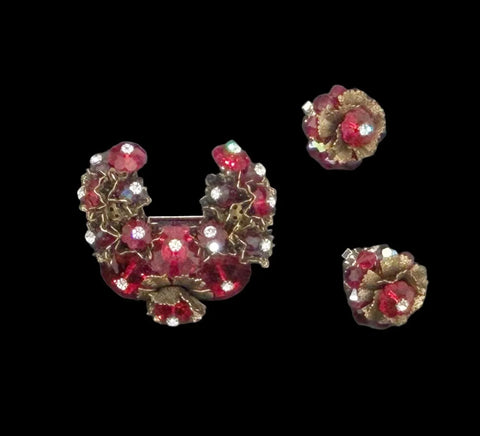 Vintage Red Faceted Red Stone Floral Brooch and Earring Set - Lamoree’s Vintage