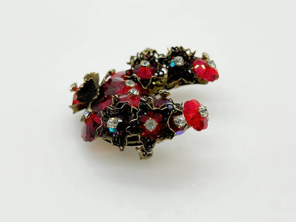 Vintage Red Faceted Red Stone Floral Brooch and Earring Set - Lamoree’s Vintage