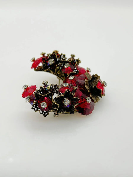 Vintage Red Faceted Red Stone Floral Brooch and Earring Set - Lamoree’s Vintage